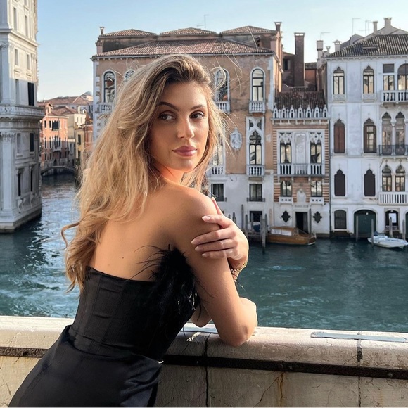 CLUB L LONDON Forever High Black Bandeau Wrap Front Mini Dress with Feather Trim - Picture 3 of 3